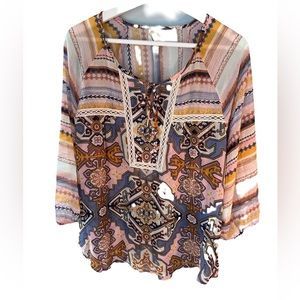 Fig & Flower BoHo Blouse Top Semi Sheer L